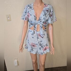 Show Me Your Mumu Blue Romper Sz Large Tie Front w Ruffle Edge  Shorts, …